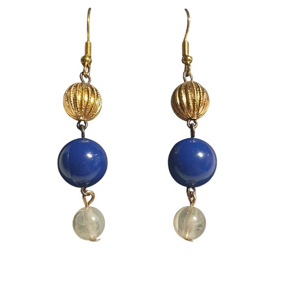 Blue Bead Dangle Earrings Hook Handmade Daily Casual Mom Gift Elegant Design - Picture 2 of 4